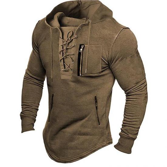 Big Thumb 2024 Mannen Herfst Lente Top Lace Up Trekkoord Effen Kleur Lange Mouw Rits Zakken Pullover Streetwear Mannen Halflange Hoodie XL bruin
