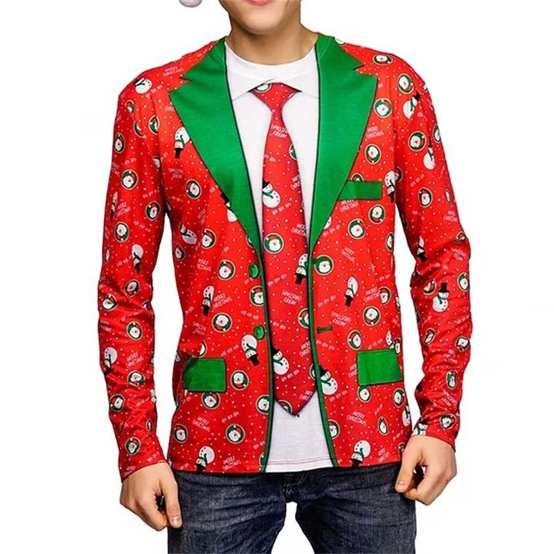ETST 011 Nieuwe lente- en herfstmode voor heren, interessant Nieuwjaar Santa 3D-geprinte lange mouwen ronde hals plus size losse ademende top 2XL