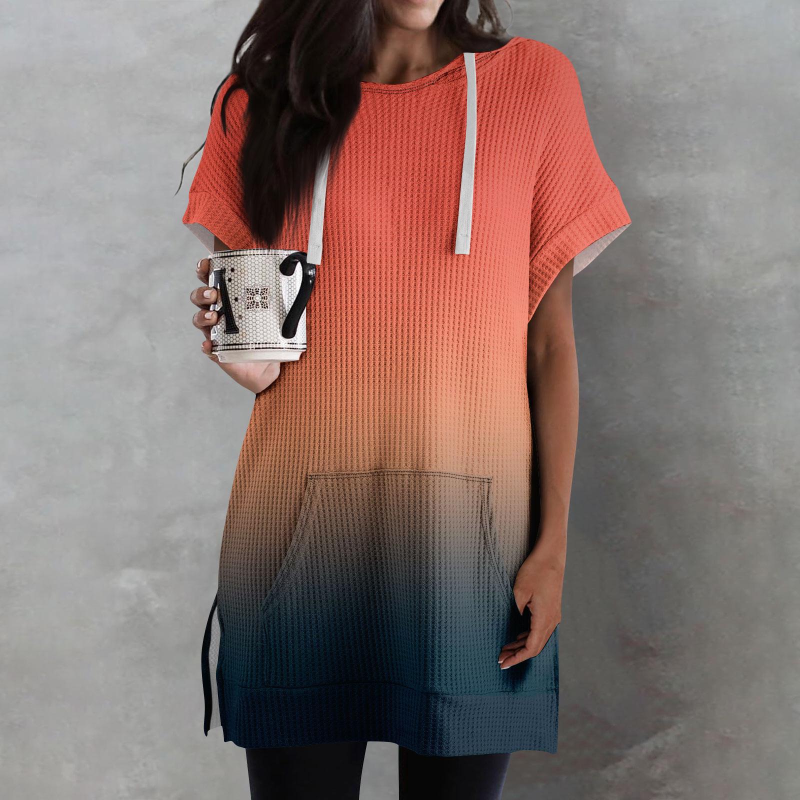 ZuiBaDuDu Losse shirts voor dames, bedrukt, korte mouwen, trekkoord, hoodies, gebreide tuniek met zijsplit, capuchontops met zak XL