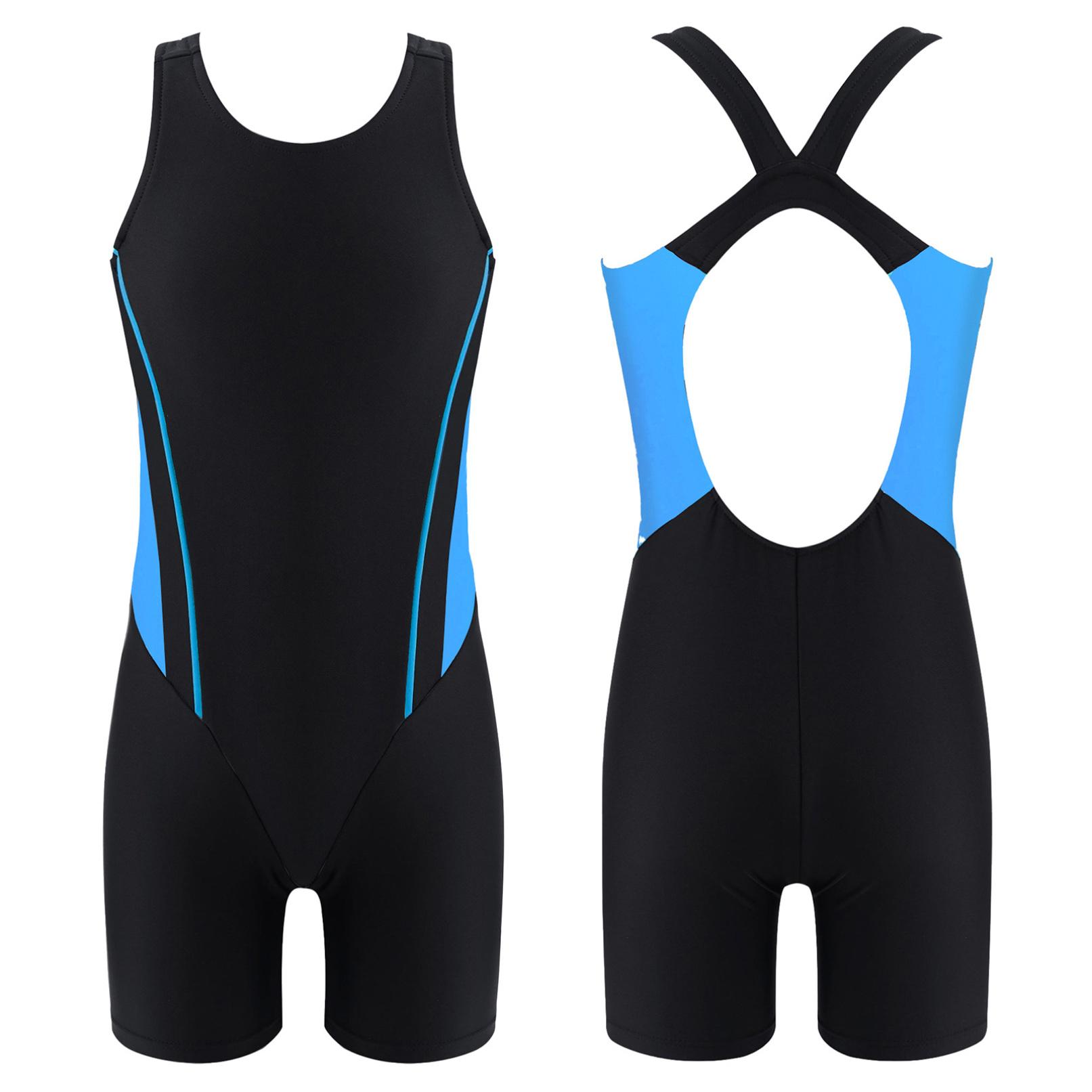 Daenrui Meisjes ééndelig badpak met ronde hals Kid Watersport Korte badpakbadpakken 15-16 Years zwart/hemelsblauwe kleur