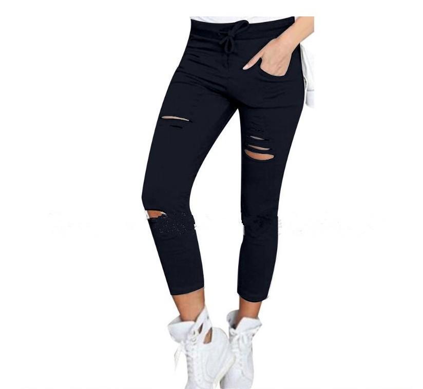 Acioa Dames legging met gat, gescheurde slanke stretchbroek met trekkoord L