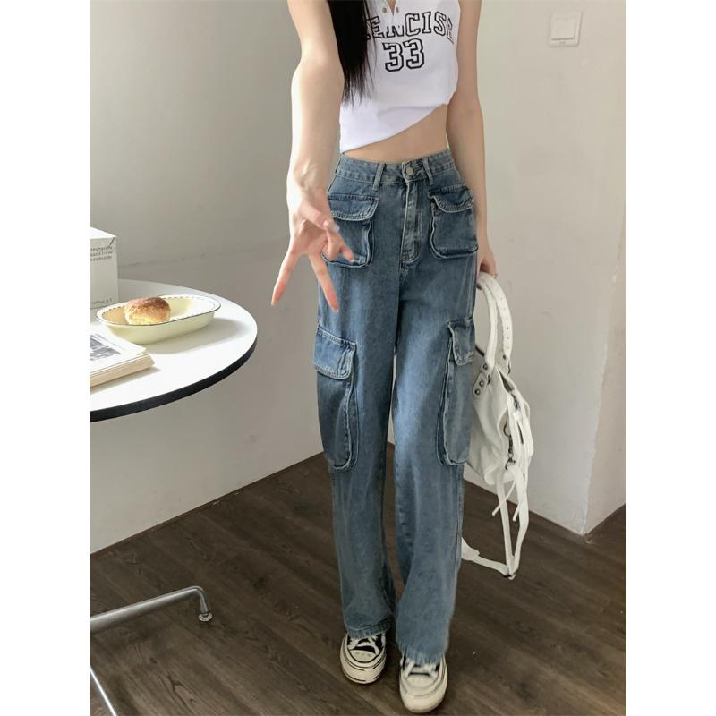 CANVAUS Lente werkbroek met rechte pijpen Vintage jeans met meerdere zakken voor dames Herfst broek met wijde pijpen M