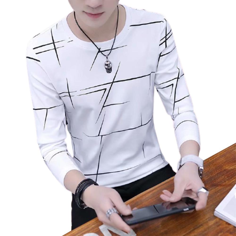4 MEN Herfsttopjes voor heren met lange mouwen, bedrukt, slim fit en ronde hals, pullover-T-shirt L