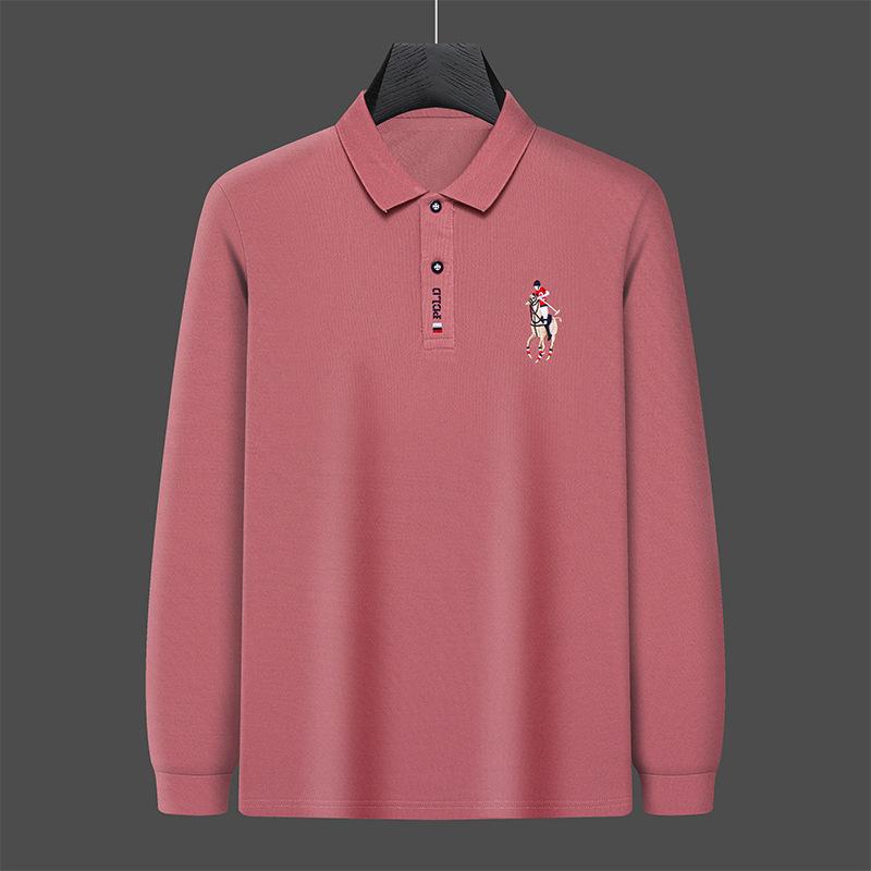 CHIC STUDIO Geborduurd heren poloshirt effen kleur herfst nieuwe revers middelbare leeftijd mensen lange mouw t-shirt 4XL