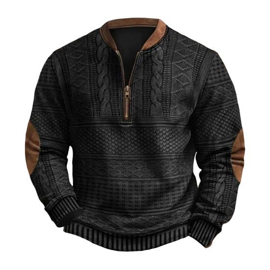 DILLER Herfst Winter Heren Sweatshirt Halve Rits Ruit Textuur Patchwork Ronde Hals Trui Lange Mouwen Dagelijkse Buitensport Top 3XL zwart