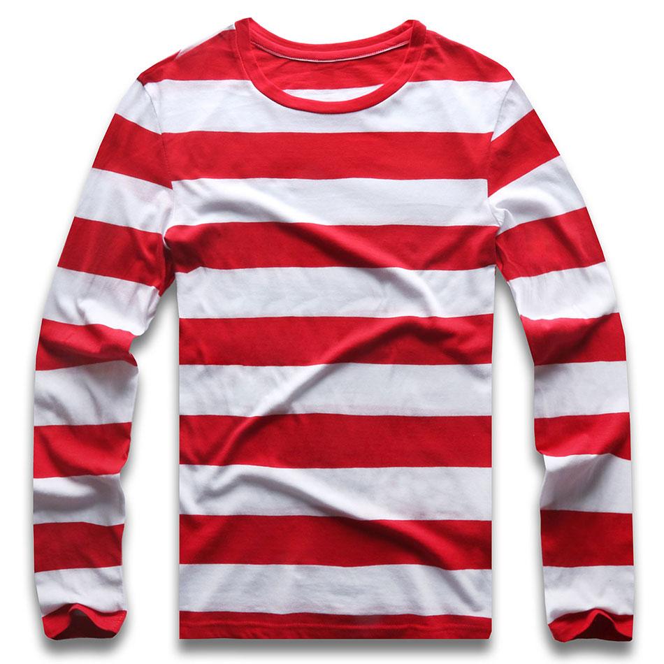 Bobby 2 Red White Striped Long Sleeve T Shirts Tees for Men Round Neck Colorful Black White Stripes Men Casual L