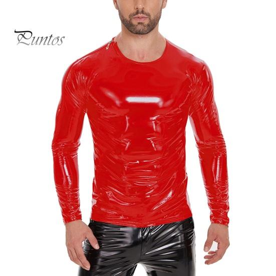 DILLER Heren Vloeibaar Glanzend Kunstleren Top Metallic Wetlook Lange Mouw T-shirt Rits Schouder Slim Fit Shirt Hip Hop Nachtclub Feest Blouse XL