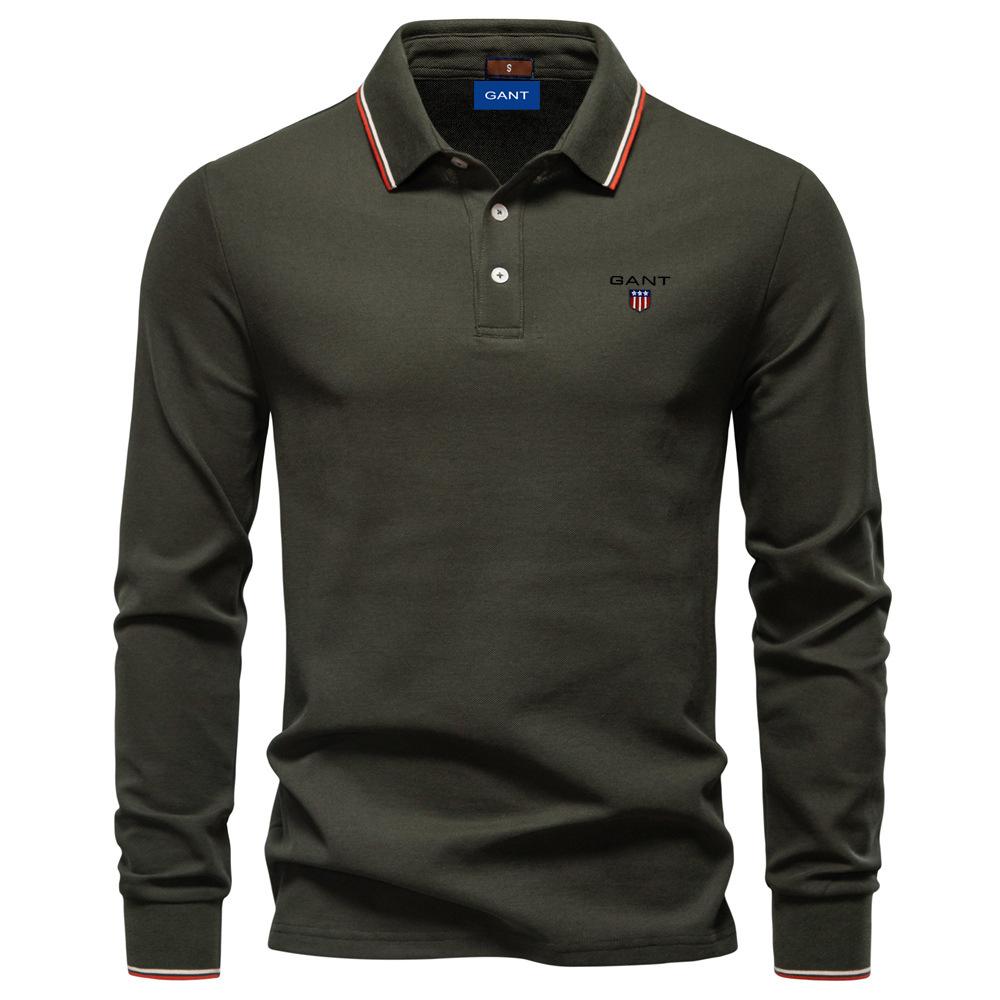 Gant 2025 Autumn New Embroidery Men's Long Sleeved Polo Shirt, Solid Color Men's Top with Lapel, Versatile Polo Shirt for Men M