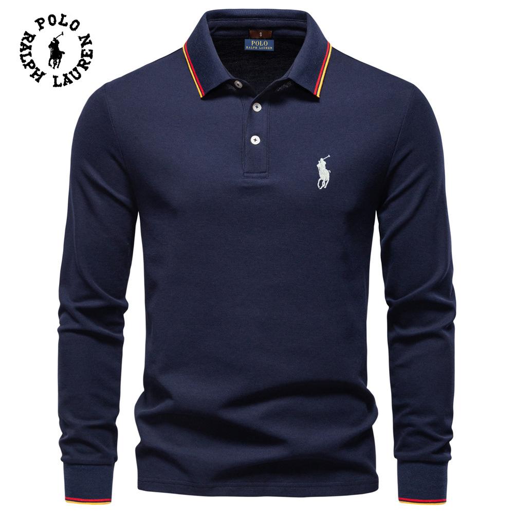 Polo Ralph Lauren 2025 Autumn New Embroidery Men's Long Sleeved Polo Shirt, Solid Color Men's Top with Lapel, Versatile Polo Shirt for Men M