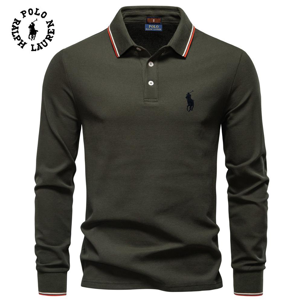 Polo Ralph Lauren 2025 Autumn New Embroidery Men's Long Sleeved Polo Shirt, Solid Color Men's Top with Lapel, Versatile Polo Shirt for Men XL