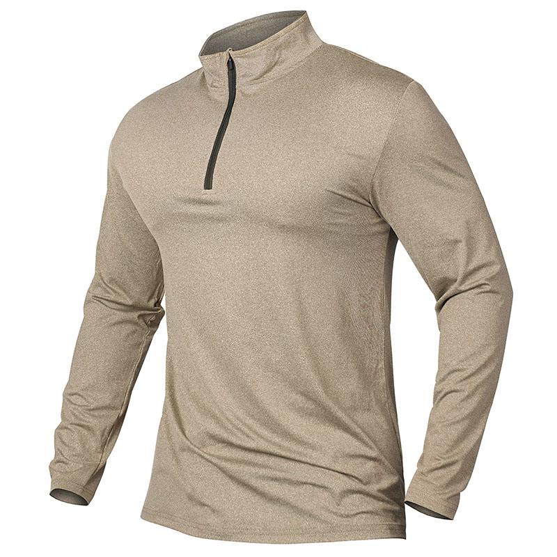WomWear Heren Actieve Sportshirts 1/4 Rits Prestatie Lange Mouw Atletische Training Hardloop T-shirt Kwart Rits Outdoor Wandelen Golf Trui Tops EURO Maat XXL kaki