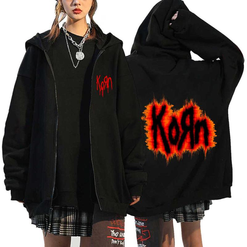 TENJINGE Trendy Korn Rock Band Print Rits Hoodies Metal Muziek heren Zip Up Jassen Hip Hop Streetwear Sweatshirts Unisex Y2K Vest jassen L