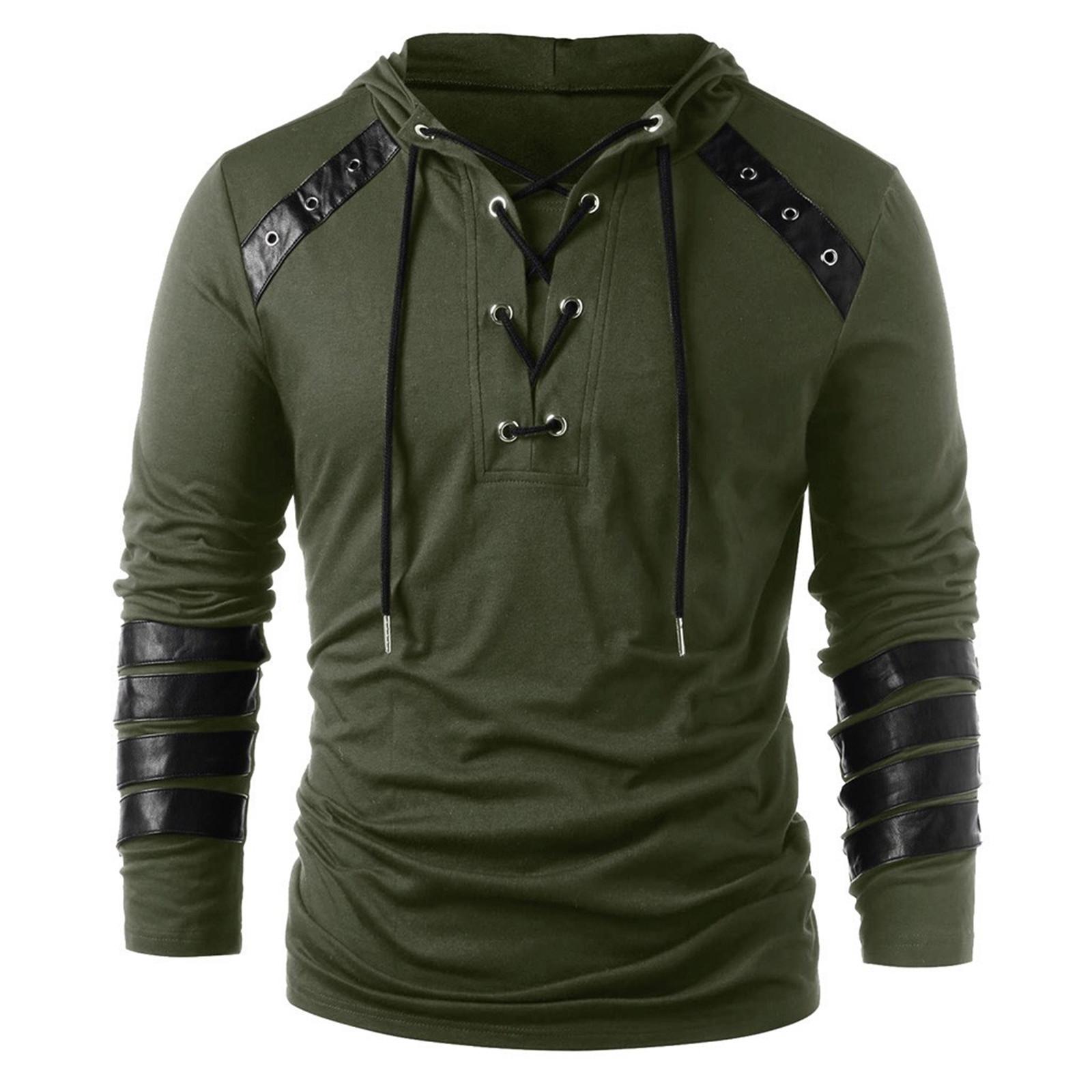 WomWear Heren winter trekkoord vintage leer patchwork lange mouwen hooded tops blouses XXXL