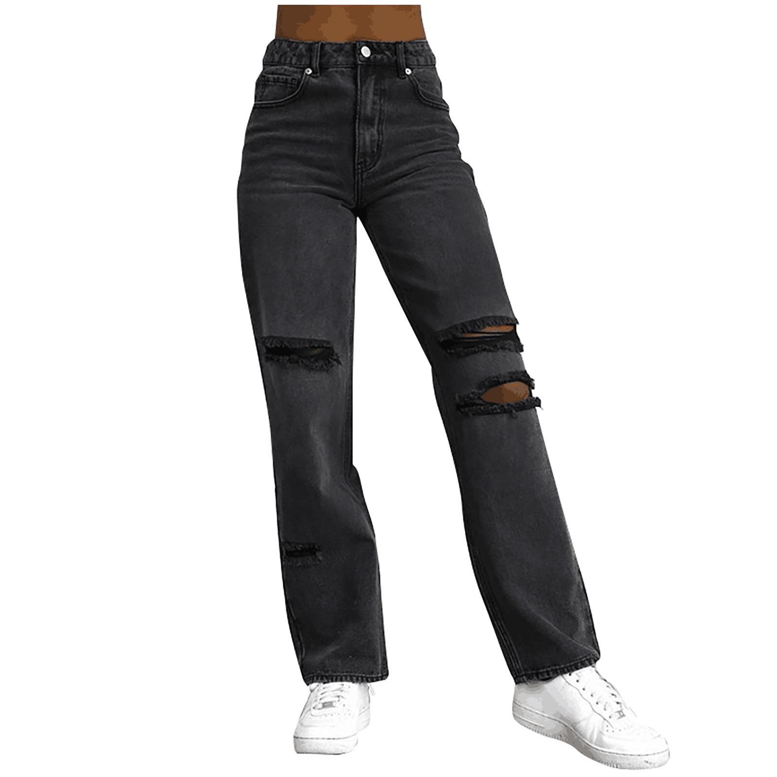 Pony Mall Broken holes Slim solid colour denim trousers female fashion versatile black jeans female XL zwart