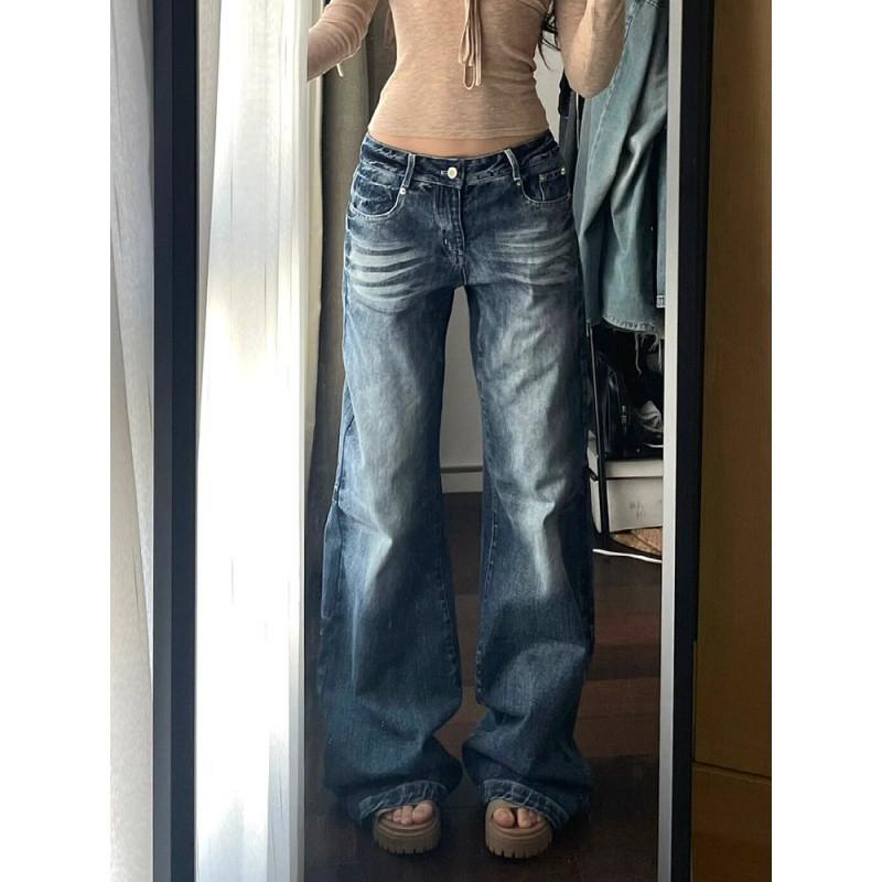 Qingpingjuan lente herfst afslankende rechte pijp vloer broek retro baggy wijde pijp jeans voor vrouwen casual hoge taille losse denim broek streetwear flared broek M blauw