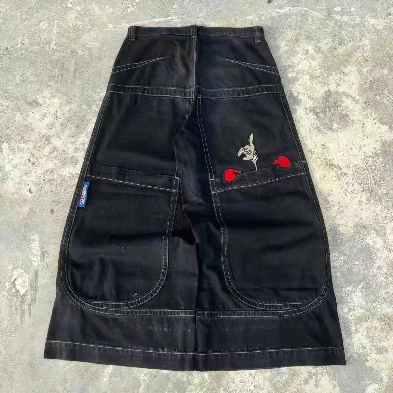 Aura Unisex American Y2K Baggy Wide Leg Kangaroo Pattern Embroidery Jeans Overszied Women Vintage Casual Denim Pants Jeans Streetwear XXL zwart