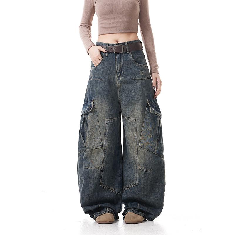 The Two Vintage Washed Distressed Scimitar Jeans 2025: Men's & Women's Loose Wide Leg Work Pants with Multi-Pockets Extra Large blauw