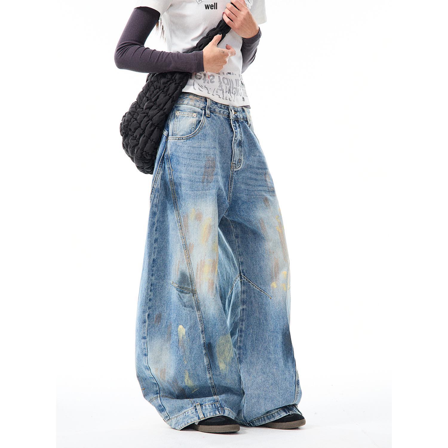 The Two Unisex Vintage Wasteland Scimitar Jeans: Loose, Straight-Leg, Distressed Wide-Leg Pants Small blauw