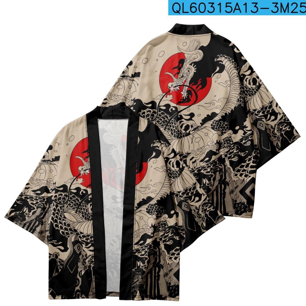Cloth W Traditionele Samurai Kimono Mannen Japanse Anime Drakenprint Cosplay Haori Vrouwelijke Cardigan Yukata Shirt Zomerjas M kaki