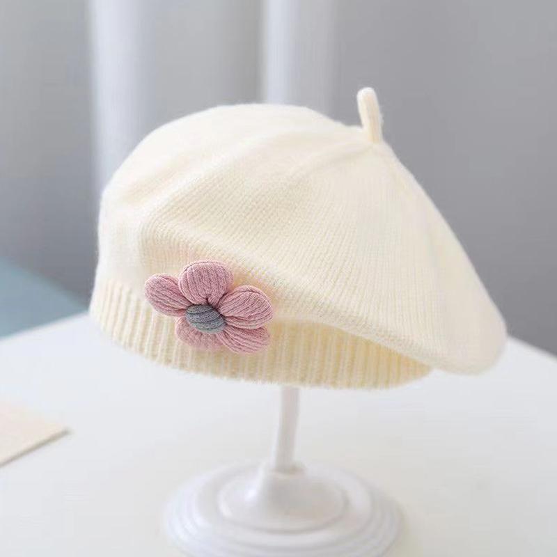 Etherealkhe Bloem Baby Baret Hoed Effen Kleur Winter Warm Gebreide Muts Voor Baby Meisjes Koreaanse Peuter Prinses Kunstenaar Schilder Mutsen