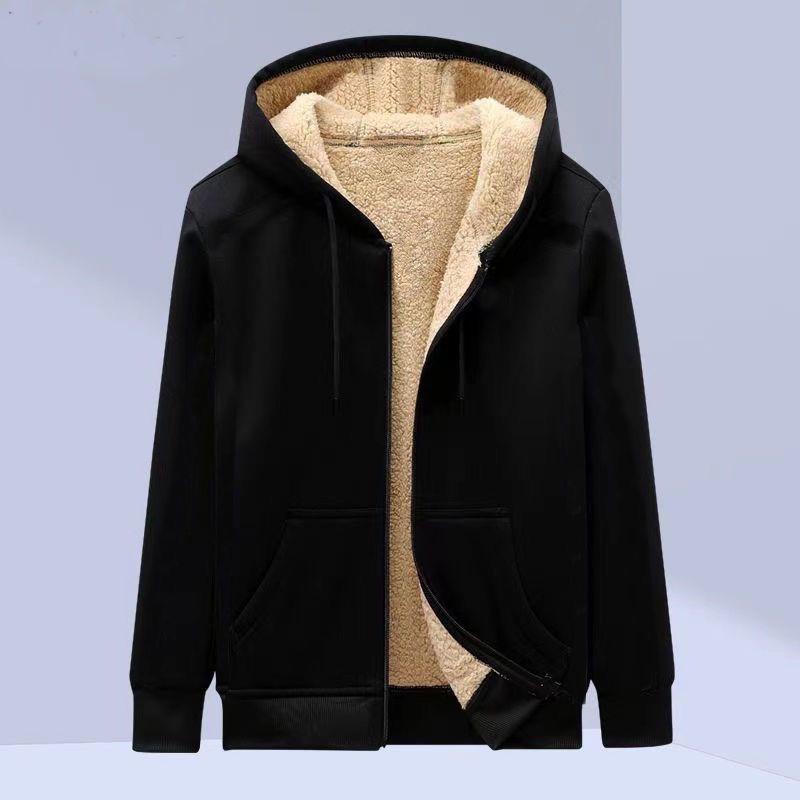 Liming Home Trendy Sweatshirt Jas Voorzakken Warme Rits Lamswollen Jas Mannen en Vrouwen Winter Pure Kleur Pluche Gevoerde Cardigan Hoodie 4XL zwart