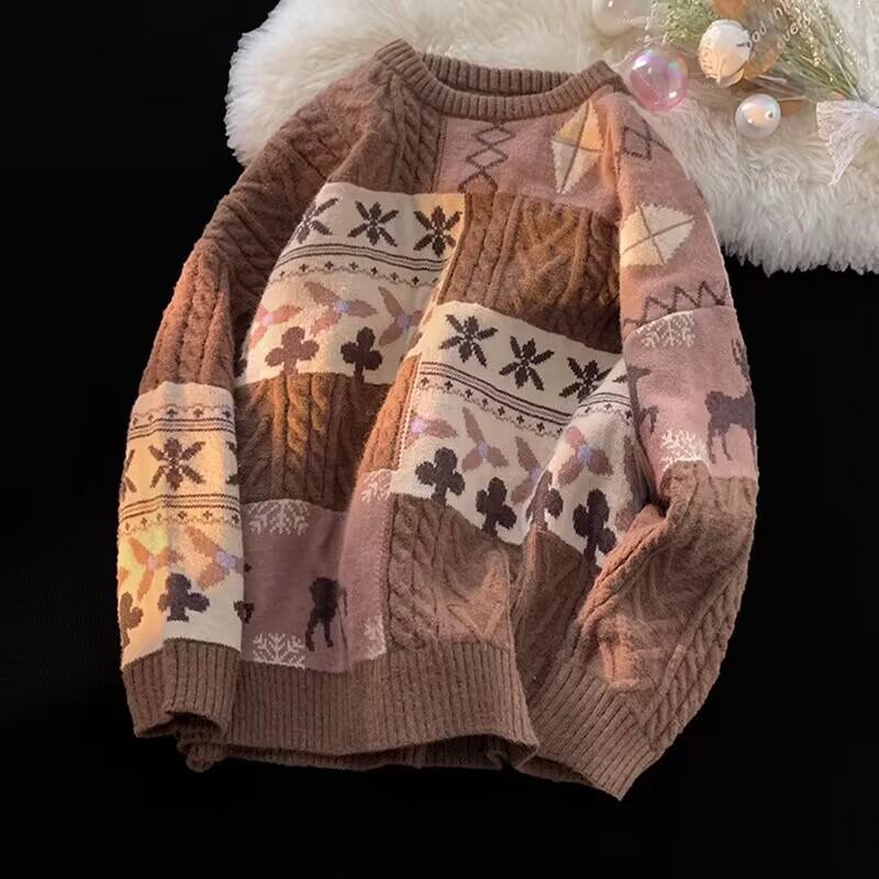 VIYOO Herfst en winter trendy retro losse buitenboord trui luie stijl ronde hals trui kleur bijpassende trui voor mannen S-3XL 3XL