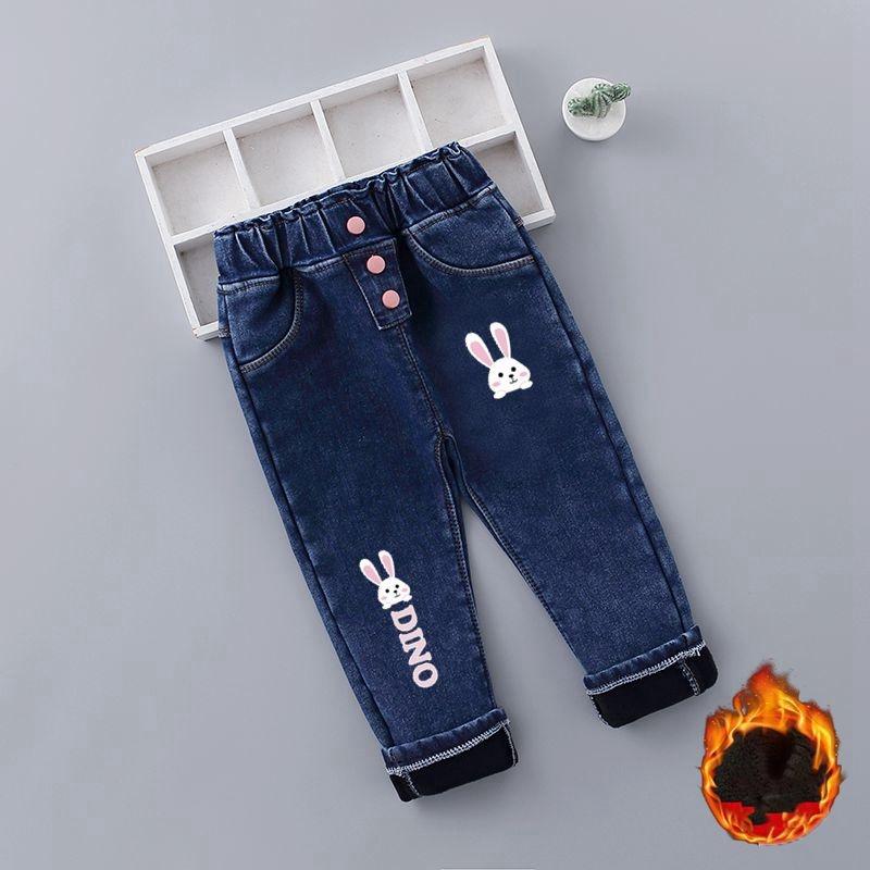 L.RIDING PULO Herfst- en wintermeisjes fleece jeans voor buitenkleding Lange oren konijn Koreaanse stijl hoge taille jeans Meisjes Koreaanse stijl trendy broeken 110