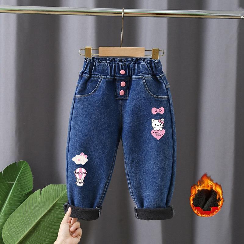 L.RIDING PULO Herfst- en wintermeisjes fleece jeans voor buitenkleding Lange oren konijn Koreaanse stijl hoge taille jeans Meisjes Koreaanse stijl trendy broeken 120