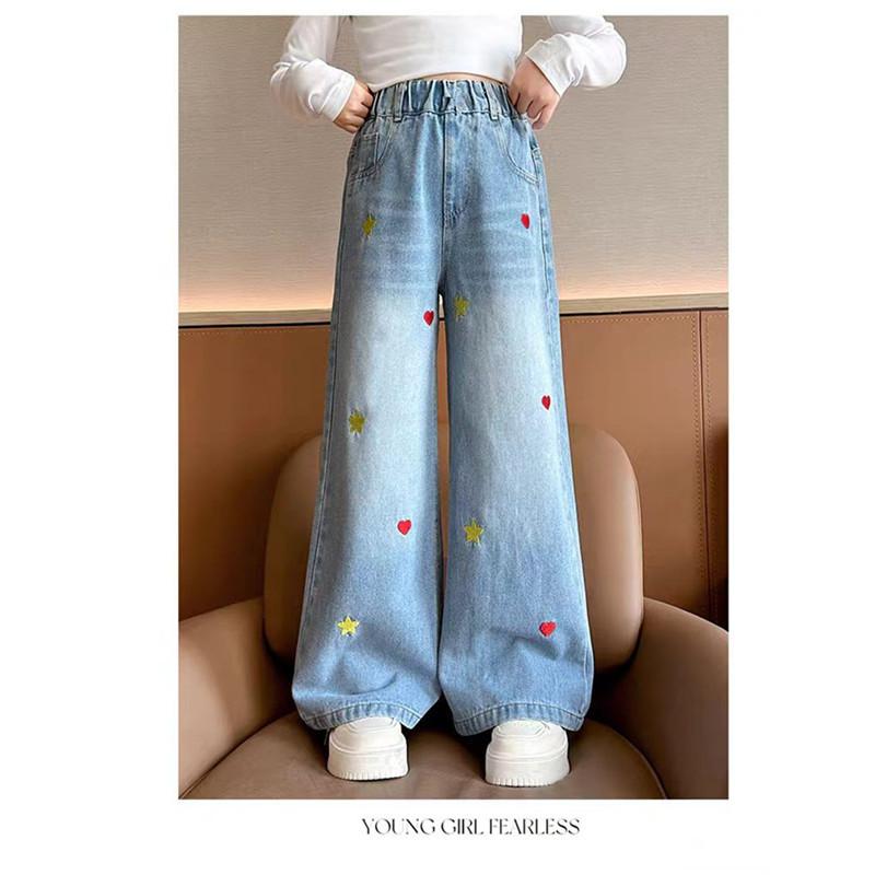 Yoghurt Blauwe lente tienermeisjes jeans sterren liefde handdoek geborduurd mode wijde pijp lange broek baggy denim broek kinderen meisje 130cm