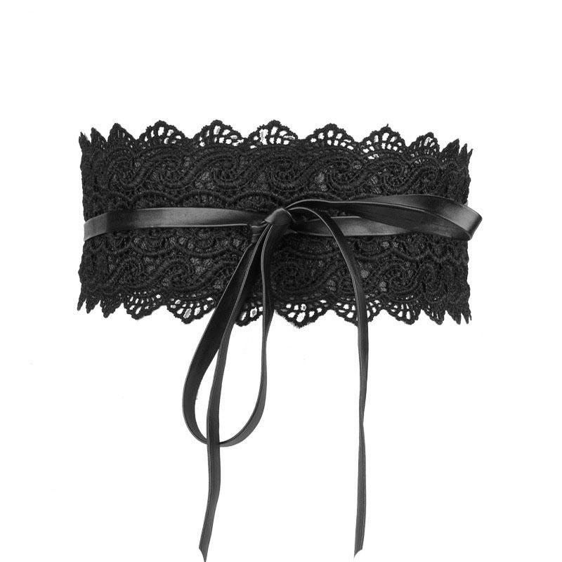 R&N Fashion Vrouwen meisje kant brede riem verstelbare lederen riem strik weven riem Boho tailleband zwart