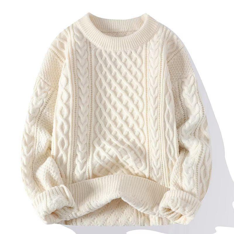 Warm Land Winterkabeltrui voor heren: Casual, effen kleur, lichte, volwassen stijl, ronde hals trui. abrikoos/wit