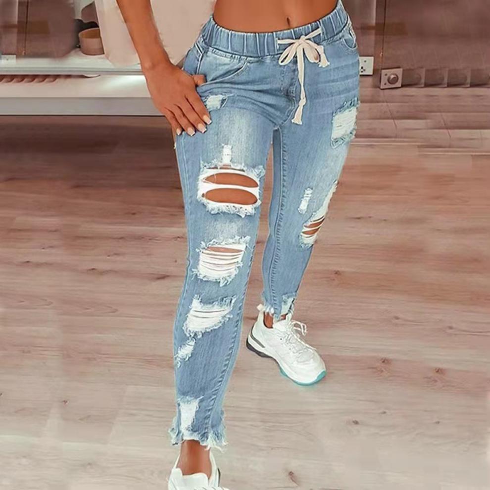 Wangpai Apparel Dames jeans double-breasted multi-knoop slim-fit elastische high-waist casual jeans S