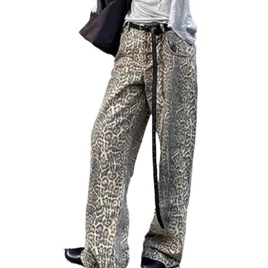 WomanWardrobe Unisex Jeans Luipaard Print High Street Retro Wijde Pijpen Losse Hip Hop Zakken Streetwear Knoopsluiting Ritssluiting Dames Heren Lange Denim Broek M luipaard