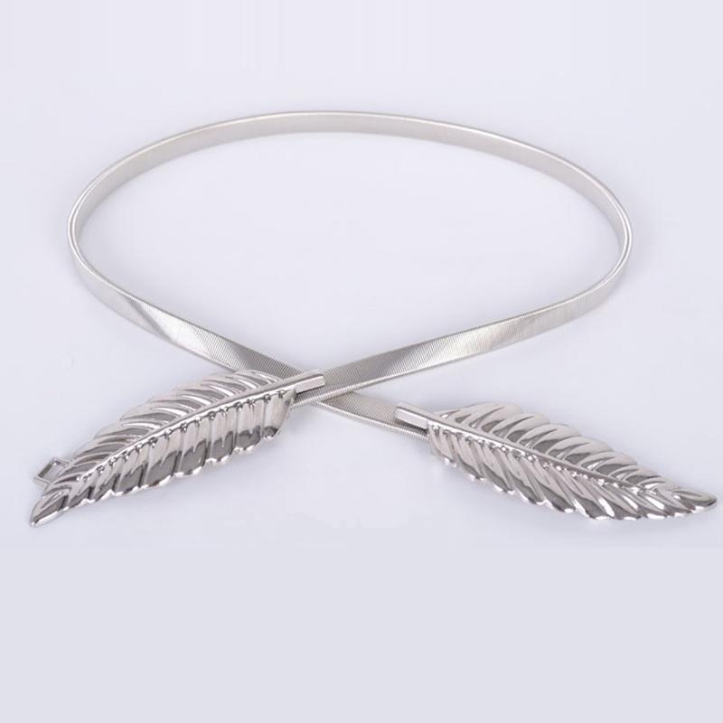 R&N Fashion FAITOLAGI Damesmode Bladvorm Elastische Riemen Voor Vrouwen Jurk Meisjes Metalen Skinny Tailleband zilver