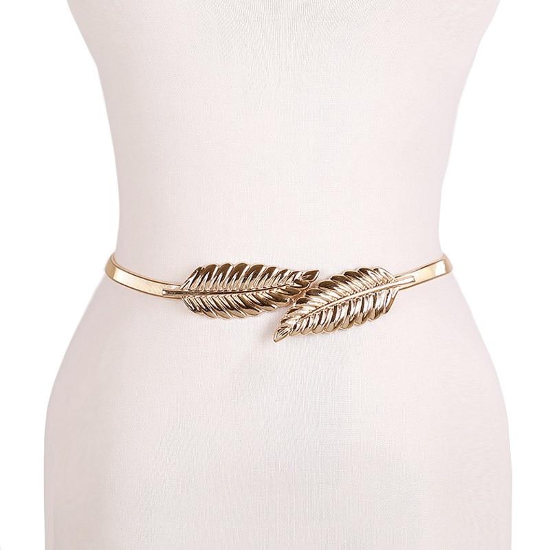 R&N Fashion FAITOLAGI Damesmode Bladvorm Elastische Riemen Voor Vrouwen Jurk Meisjes Metalen Skinny Tailleband goud