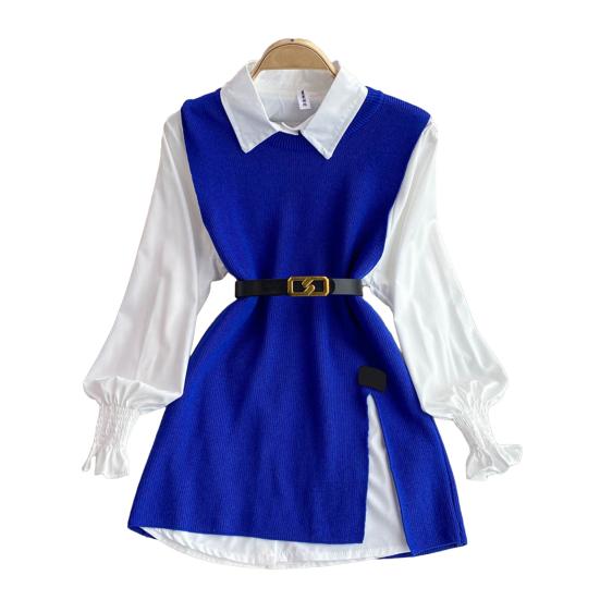 Shenglian 3 stuks/set dames shirt vest set revers lantaarn lange mouw enkelrijs shirt o-hals zijsplit breien vest set met riem