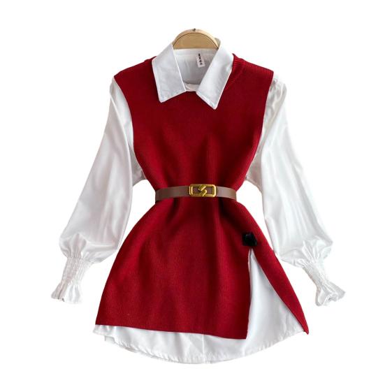 Shenglian 3 stuks/set dames shirt vest set revers lantaarn lange mouw enkelrijs shirt o-hals zijsplit breien vest set met riem
