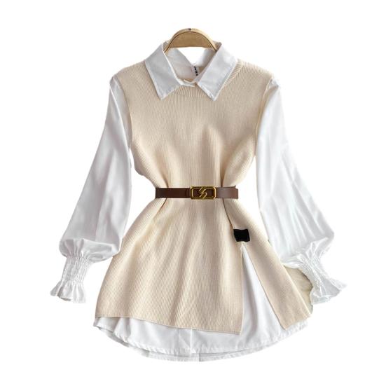 Shenglian 3 stuks/set dames shirt vest set revers lantaarn lange mouw enkelrijs shirt o-hals zijsplit breien vest set met riem