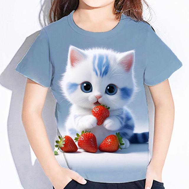 ETST 07 Tops voor kinderen korte mouwen zomer kat T-shirts meisjes kinderkleding 3d print T-shirts Koreaanse kawaii T-shirts van 10-14 jaar 160