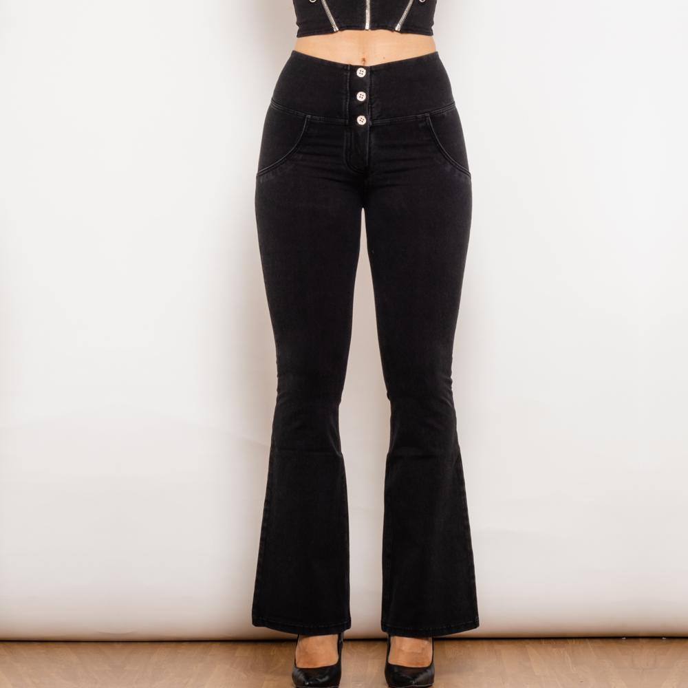 Shascullfites Melody Black Flared Lift Jegging Button Up Flare Jeans Vormgeven Bum Lift Broek Hoge Taille Jeans Vrouwen XXXL
