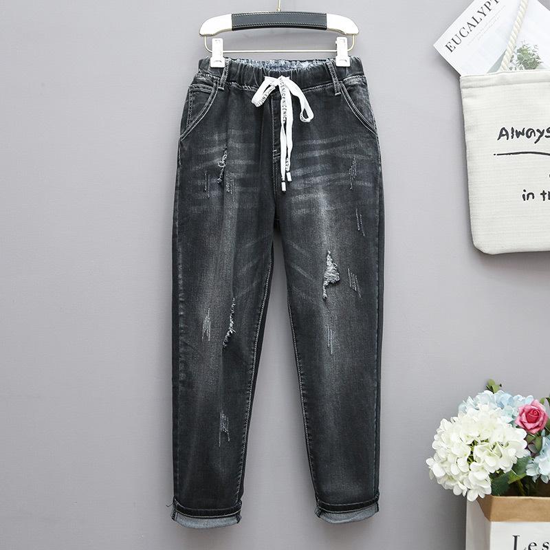 YYDS NO.1 Famale Casual vintage hoge taille denim harembroek elastische taille trekkoord plus maat XL zwart