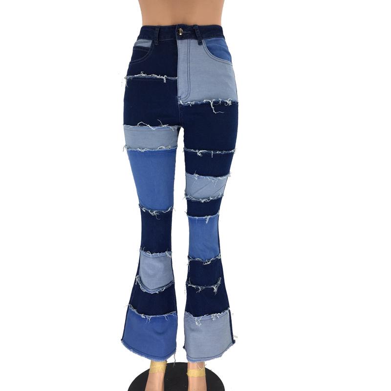 CANVAUS Herfstmode Clashing Colour Patchwork Hoge Taille Strakke Heup Flare Dames Plus Size Denim Jeans 2XL