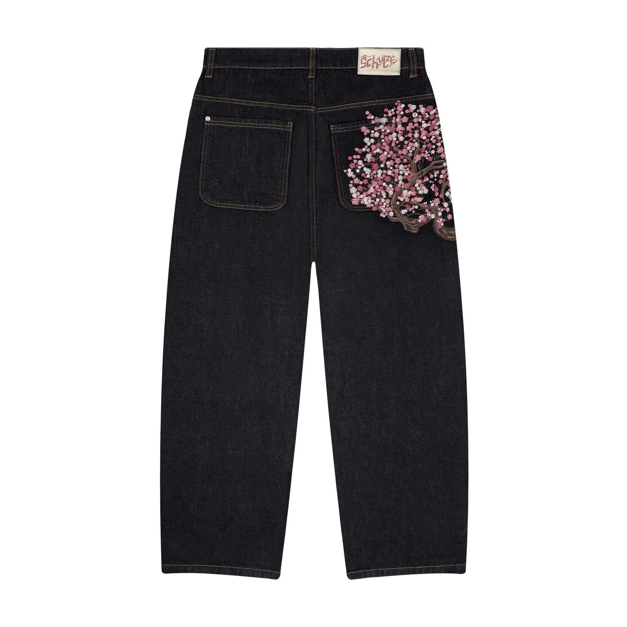 SHIZI Men Women Cherry Blossom Knight All Embroidery Denim Pants Y2k Vintage Baggy Street Straight Jeans High Waisted Washed Blue Jean XXL