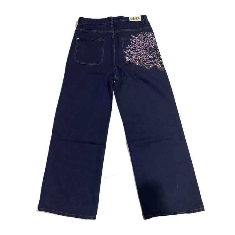SHIZI Men Women Cherry Blossom Knight All Embroidery Denim Pants Y2k Vintage Baggy Street Straight Jeans High Waisted Washed Blue Jean XS