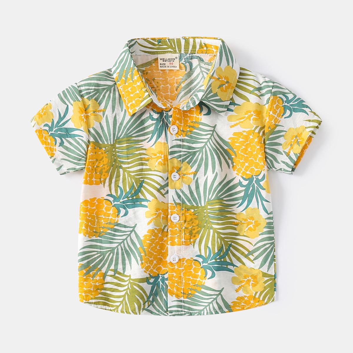 Top Men Wardrobe Zachte Hawaiiaanse overhemden met korte mouwen voor jongens - Casual kinderoverhemden pineapple, 130cm geel