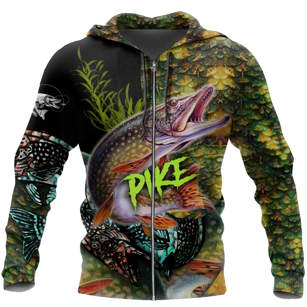 TIP723 Heren Zip Up Hoodie Karpervissen Grafische Kleding Sweatshirt Casual Oversize Hoodies 3D Snoekbaars Snoek Vliegvis Bedrukte Capuchon Tops XS