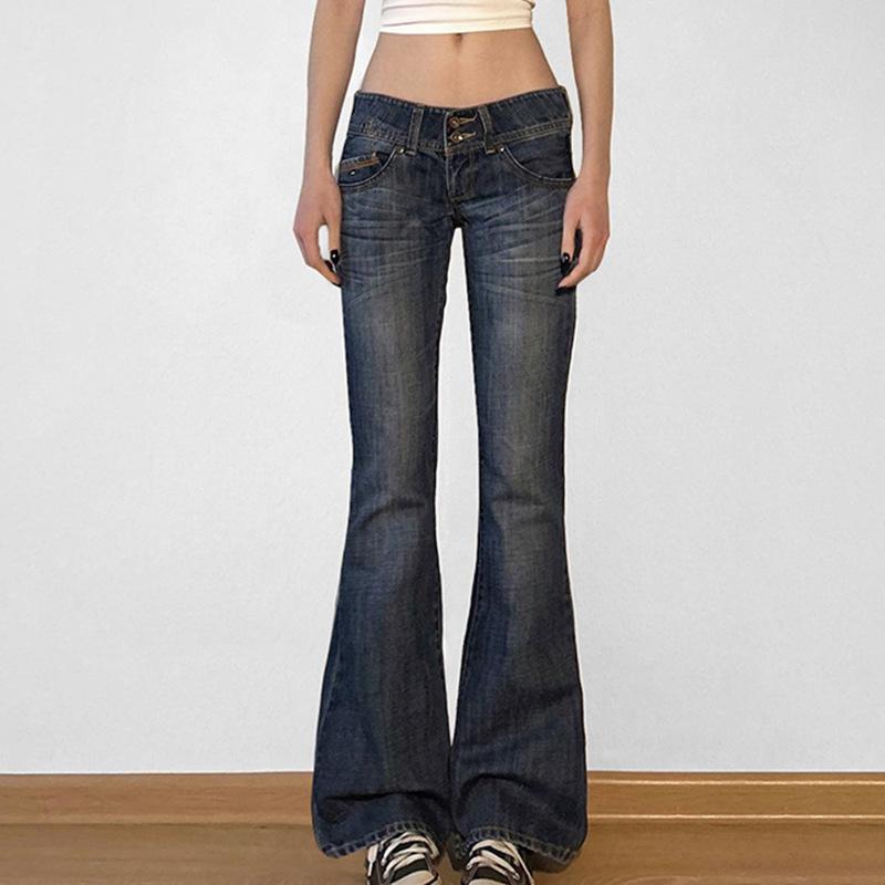 Jgfhto Y2k Flared Pants Retro Button Low Waist Casual Denim Trousers S blauw