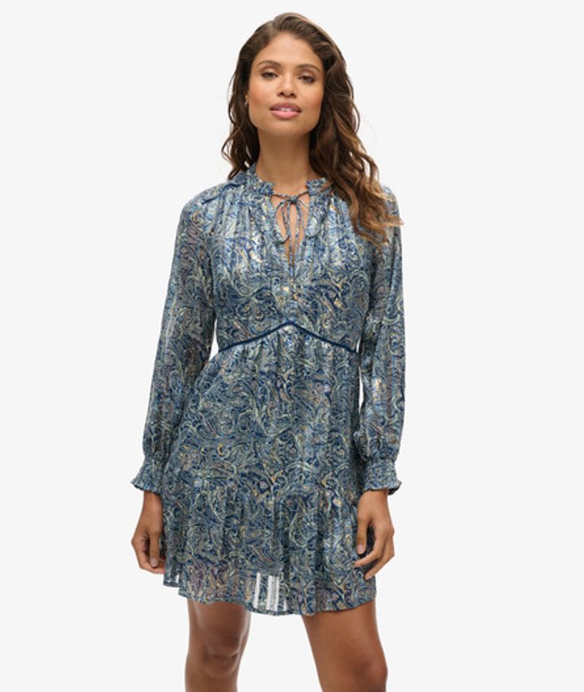 Superdry Metallic Mini-jurk met Print en Lange Mouwen Blauw