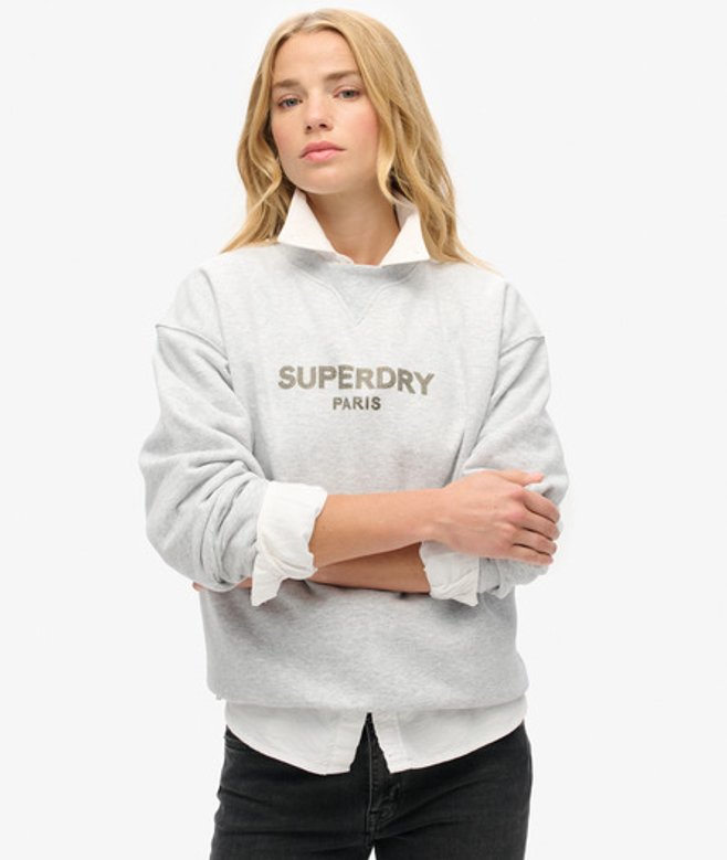 Superdry Luxe Sportsweatshirt met Ronde Hals en Losse Pasvorm Lichtgrijs
