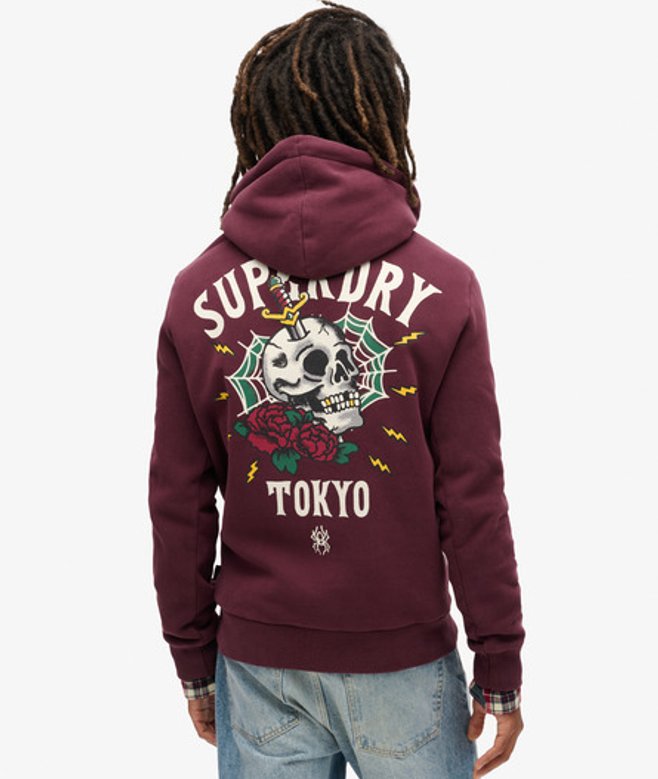 Superdry Tattoo Hoodie met Losse Pasvorm en Print op de Achterkant Paars